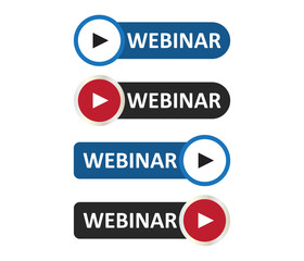 Four rectangular buttons with the word WEBINAR and a triangular play symbol in contrasting colors blue red and black.