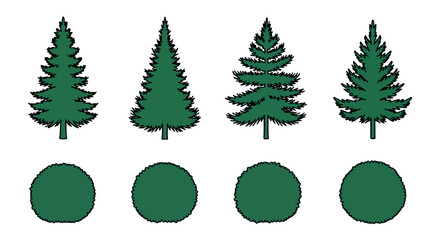 Evergreen trees and round bushes with transparent background