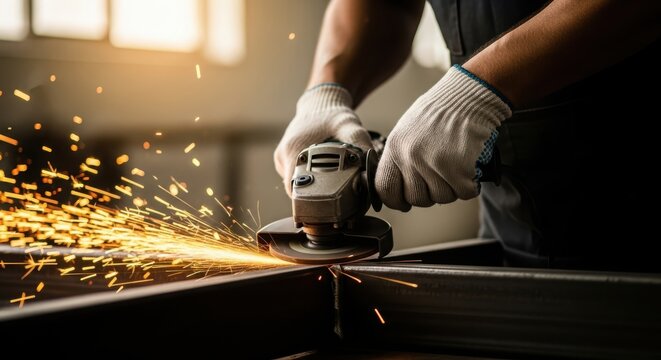 Worker using angle grinder on metal construction with sparks flying around