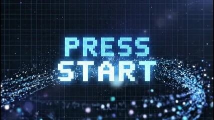Press Start Retro Gaming Screen with Digital Particle Animation. - Powered by Adobe
