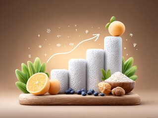 a whimsical scene featuring stacked white objects arranged in a pyramid shape surrounded by various fruits and vegetables.