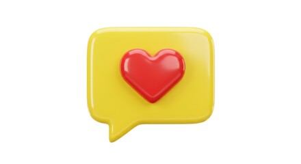 3D Rendered Yellow Speech Bubble with Red Heart Icon.