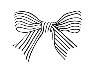Black and white minimalistic bow drawn with lines on a transparent PNG background. Striped ribbon bow.