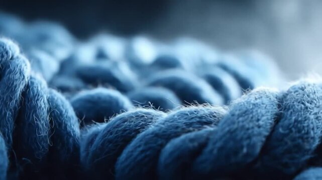 Macro shot of blue knitted fabric texture with soft focus detail