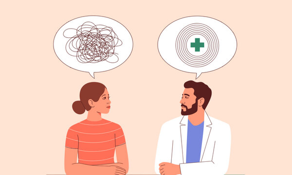 A scene depicting a conversation between a doctor and a patient, highlighting the importance of mental health discussions and the power of communication in healthcare settings.
