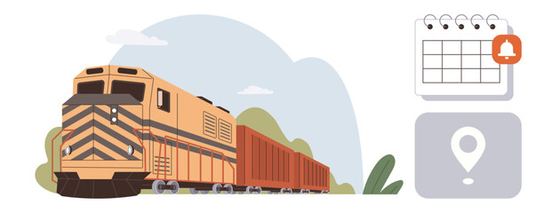 Freight train transporting goods with calendar notification and map pin, symbolizing logistics, scheduling, delivery, planning, travel, transportation, and coordination. Ideal for simple flat