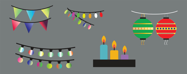 Festive decorations for celebrations with colorful flags, string lights, candles, and lanterns creating a joyful and vibrant atmosphere for any special occasion