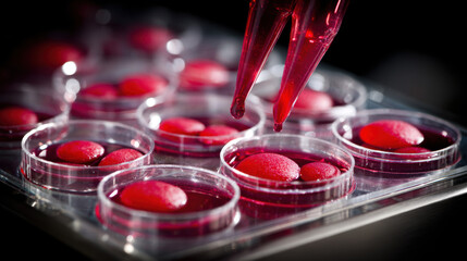 Detailed macro shot of a pipette dispensing a red solution into a multi-well plate for advanced cellular research and biomedical innovation