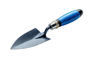 Small, shiny hand trowel with a blue grip