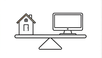 Conceptual illustration of work-life balance with a house and a computer monitor on a seesaw.