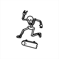 Radical skeleton skater dude shredding on a skateboard with a rock on hand gesture, perfect for edgy designs