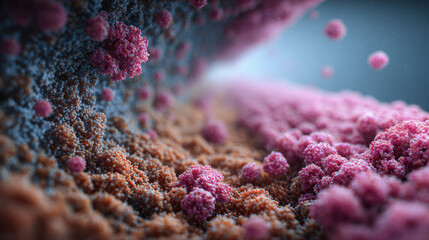 Microscopic view of intricate cellular activity, depicting complex biological processes and interactions at a cellular level, showcasing vibrant micro-organisms or disease progression