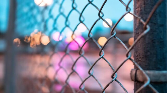 Chain link fence closeup with bokeh lights background