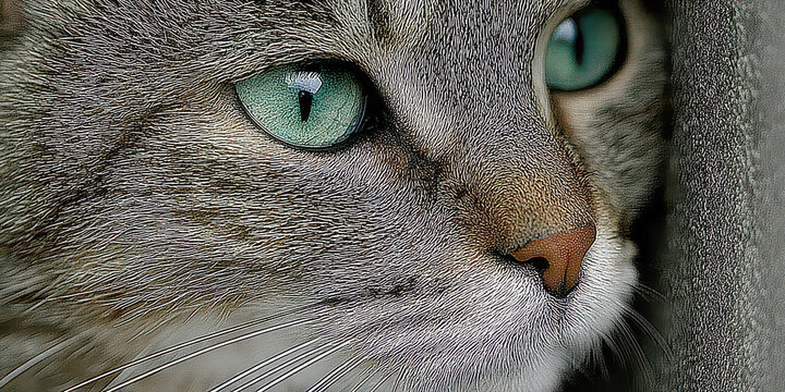 Extreme Close-up of a Tabby Cat's Face with Striking Green Eyes