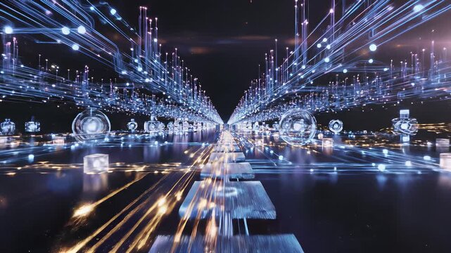 Trains gliding through urban landscapes, vibrant cityscapes at night come alive with digital connectivity, technological innovation, global connectivity, and 24/7 activity.