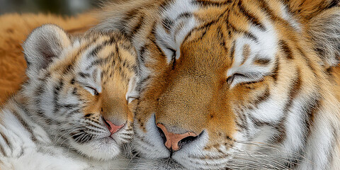 Close-up of a Tiger Mother and Cub Sleeping Peacefully Together
