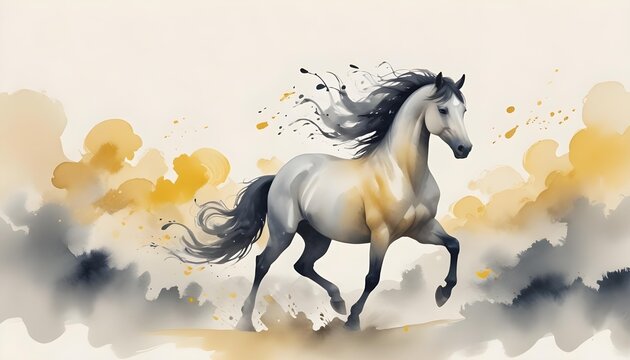 A minimalist ink painting of a horse running in the air, set against a vibrant red background with cherry blossoms and lanterns