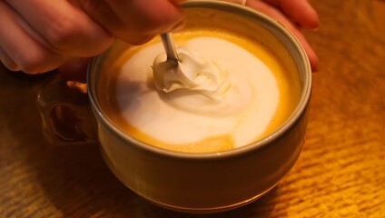 Close-up of a hand stirring cappuccino foam with a spoon, showing detailed foam texture under warm caf&eacute; lighting. No face visible, simple and realistic food photography.