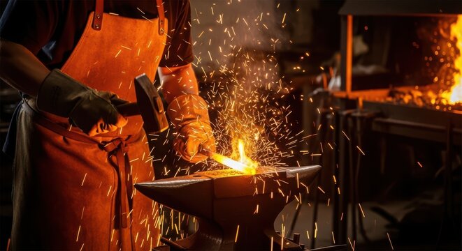 Blacksmith shaping red hot metal on anvil with sparks flying around him
