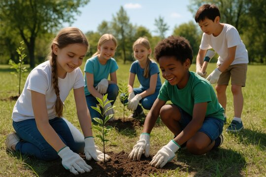Kids planting trees together in a sunny park on a warm day
