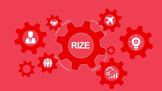 Red Gear Mechanism with Business Icons and the Word RIZE in the Center gears cogwheels