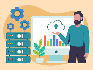 This illustration showcases a man presenting a data visualization on a computer screen, with gears and server stacks symbolizing data storage and cloud concepts.