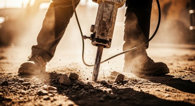 Close up of worker using jackhammer to break up concrete on construction site