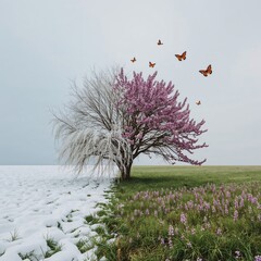 Winter Spring Transition Tree With Butterflies