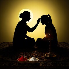 Silhouette of a mother applying tilak to her daughters forehead.