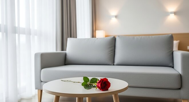 Elegant single red rose on a minimalist wood coffee table in a modern living room or hotel suite with a grey sofa, sheer curtains, and warm lighting. Perfect for Valentine's, luxury, or home decor.