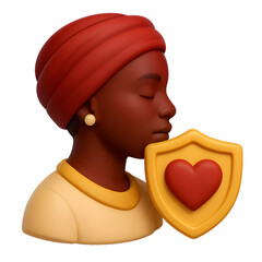 3D Representation of a Serene Young Woman Holding a Heart Shield in Abstract Warm Gradient Background