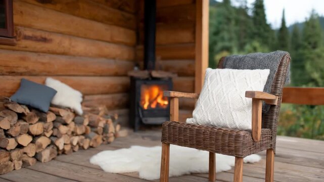 Cozy rustic log cabin porch with warm wood stove fire stacked firewood comfortable wicker chair knitted pillow and soft rug in a natural forest mountain setting