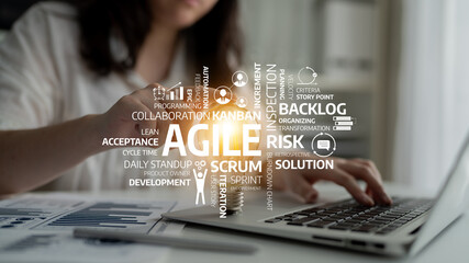 A focused business professional works on a laptop in a modern office, illustrating the concepts of Agile methodology including Scrum and Kanban for effective project management. Tessel