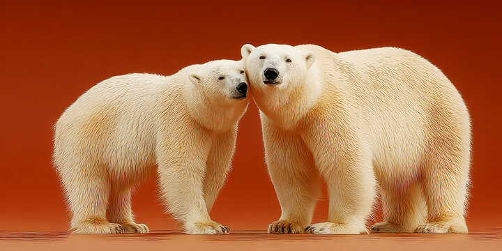 Close-up Portrait of Two Polar Bears Showing Affection Against a Warm Background - Powered by Adobe
