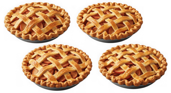 Four delicious apple pies with lattice crust isolated on transparent background