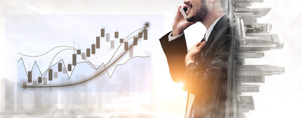 A professional businessman engages on his smartphone while reviewing a stock market graph, showcasing financial growth amidst an urban backdrop. Impute