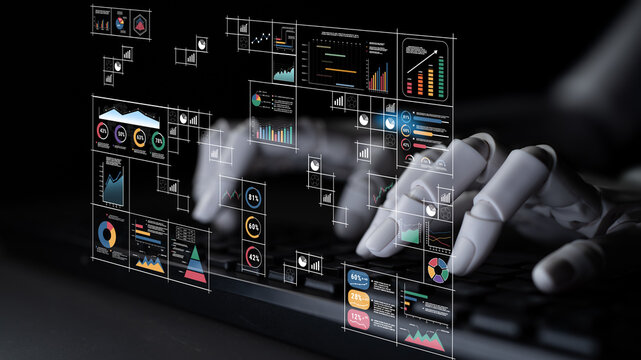 An AI powered big data visualization and business analytics grid. A complex collection of AI charts for comprehensive company reporting. Motif