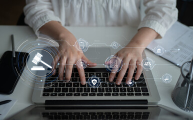 Futuristic digital law interface displaying justice scale, highlighting digital law, AI compliance,...