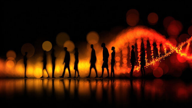 The march of progress shown through silhouettes of human evolution, walking towards a glowing DNA double helix representing genetic science