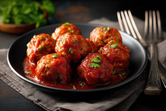 Close-up of savory meatballs smothered in rich tomato sauce, garnished with parsley
