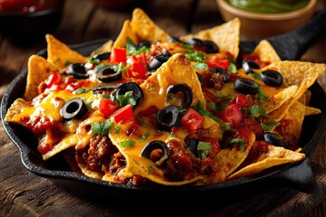 Close-up of crispy nachos in a black skillet, topped with cheese, meat, olives, tomatoes