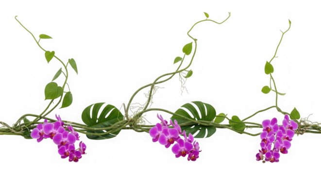 Beautiful garland of purple orchids, monstera leaves, and creeping vines isolated on transparent background for elegant floral designs