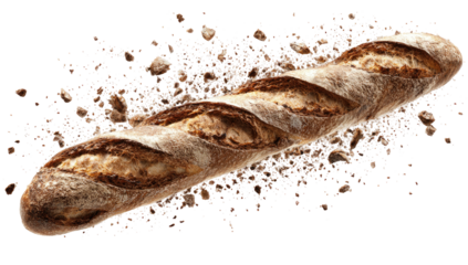 Crusty baguette floats amidst crumbs