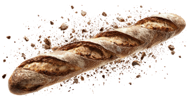 Crusty baguette floats amidst crumbs