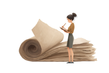 Woman standing beside a large roll of paper or fabric looking at a document