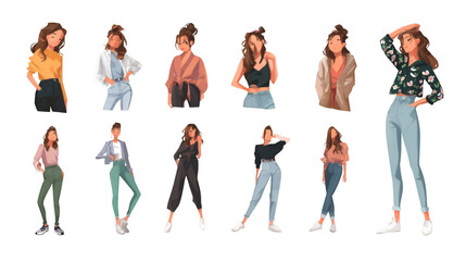 Collection of diverse young women in fashionable outfits posing against a dark background