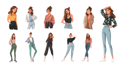 Collection of diverse young women in fashionable outfits posing against a dark background