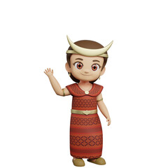 A cheerful 3D girl character in traditional NTT clothing, waving friendly with woven pattern details, ideal for cultural content, educational media, children’s materials, and design projects.