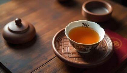 A tray with a tea cups and flowers, featuring traditional Chinese elements, celebrating the Lunar New Year festivities