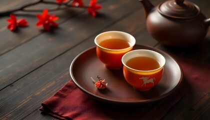 Two cups of tea on a decorative tray surrounded by flowers, set against a vibrant red background for Lunar New Year celebrations